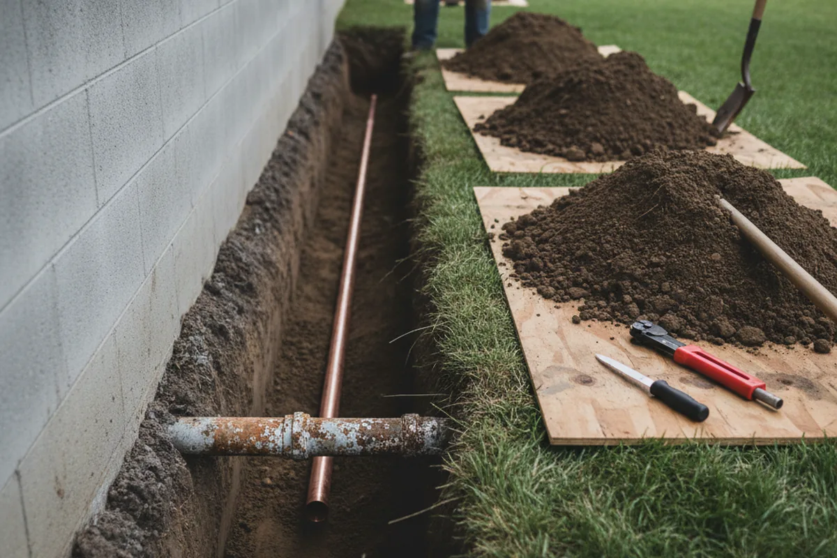 Excavated water line trench during Water Softener Installation in Quebeck